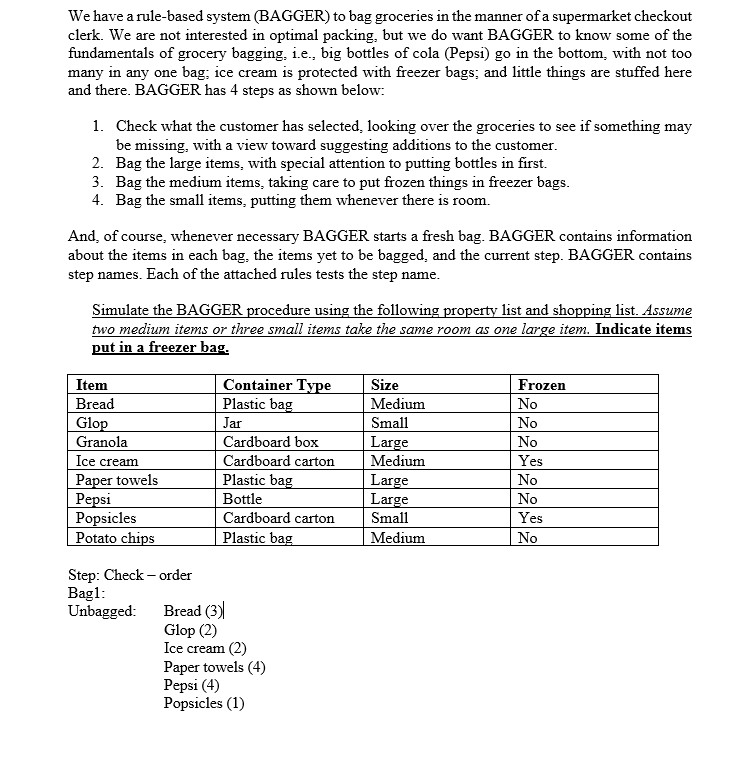 Solved We have a rulebased system (BAGGER) to bag groceries