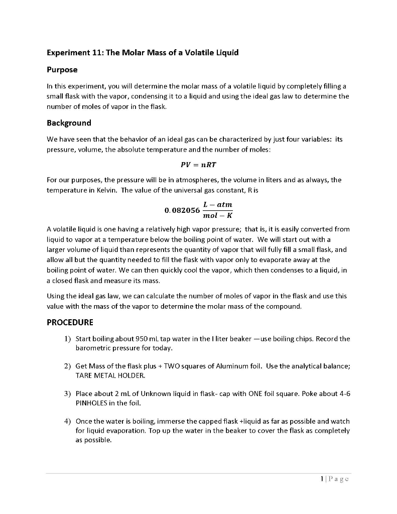 Experiment 11 The Molar Mass of a Volatile Liquid