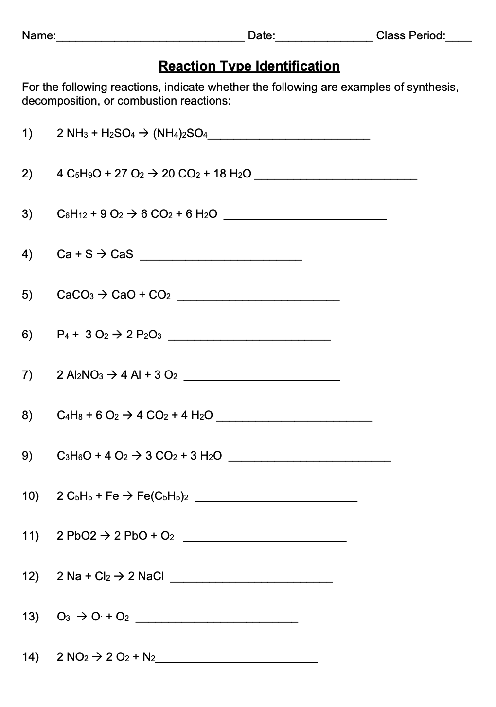 Solved Name: Date: Class Period: Reaction Type | Chegg.com