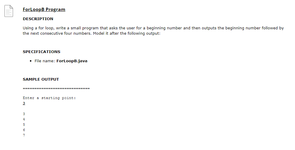 Solved ForLoopB Program DESCRIPTION Using a for loop, write | Chegg.com