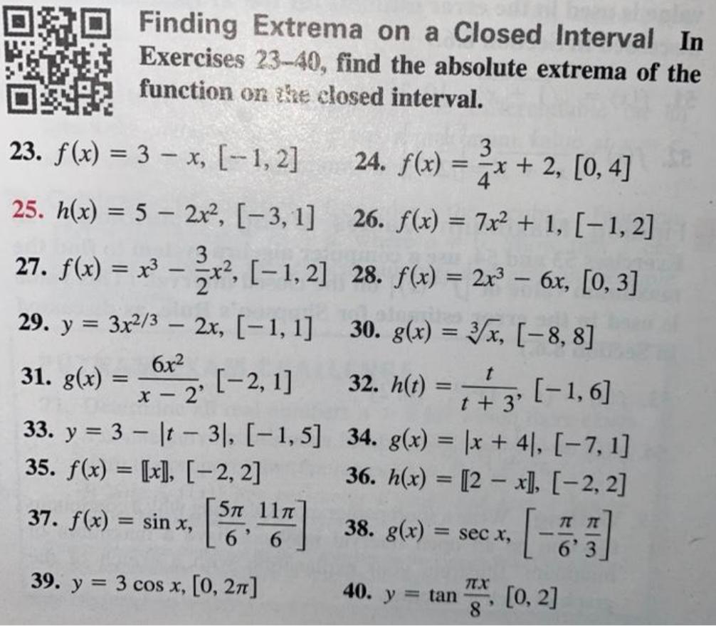 Solved Finding Extrema on a Closed Interval In Exercises | Chegg.com