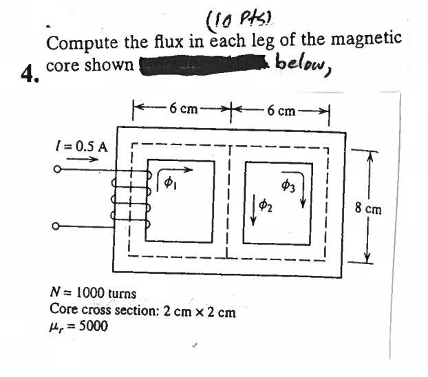 Compute the flux in each leg of the magnetic core shown below,
\( i v=1 v U U \) turns
Core cross section: \( 2 \mathrm{~cm} 