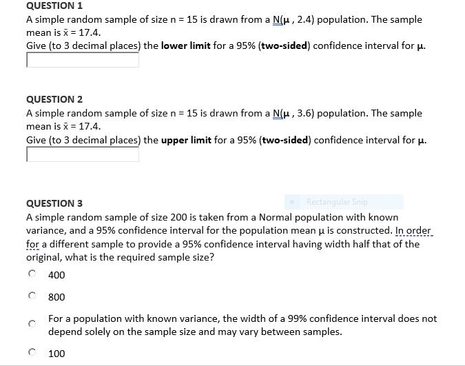 Solved QUESTION 1 A simple random sample of size n = 15 is | Chegg.com