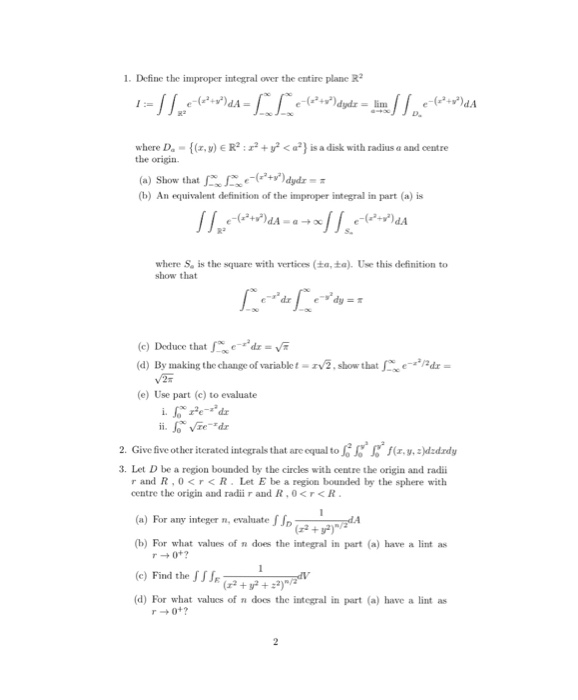 1. Define the improper integral over the entire plane | Chegg.com