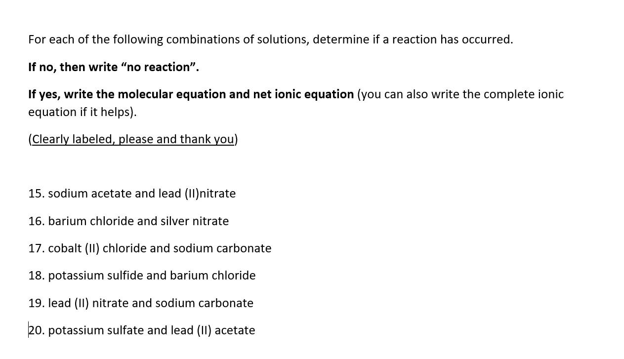 Solved For Each Of The Following Combinations Of Solutions, | Chegg.com