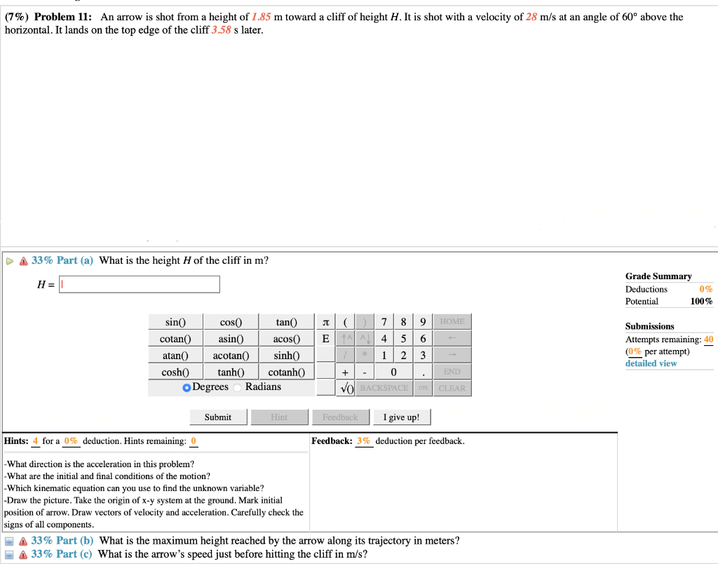 Solved (7\%) Problem 11: An Arrow Is Shot From A Height Of | Chegg.com