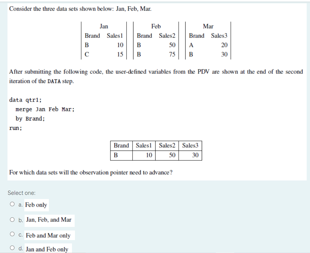 Solved Consider The Three Data Sets Shown Below: Jan, Feb, | Chegg.com