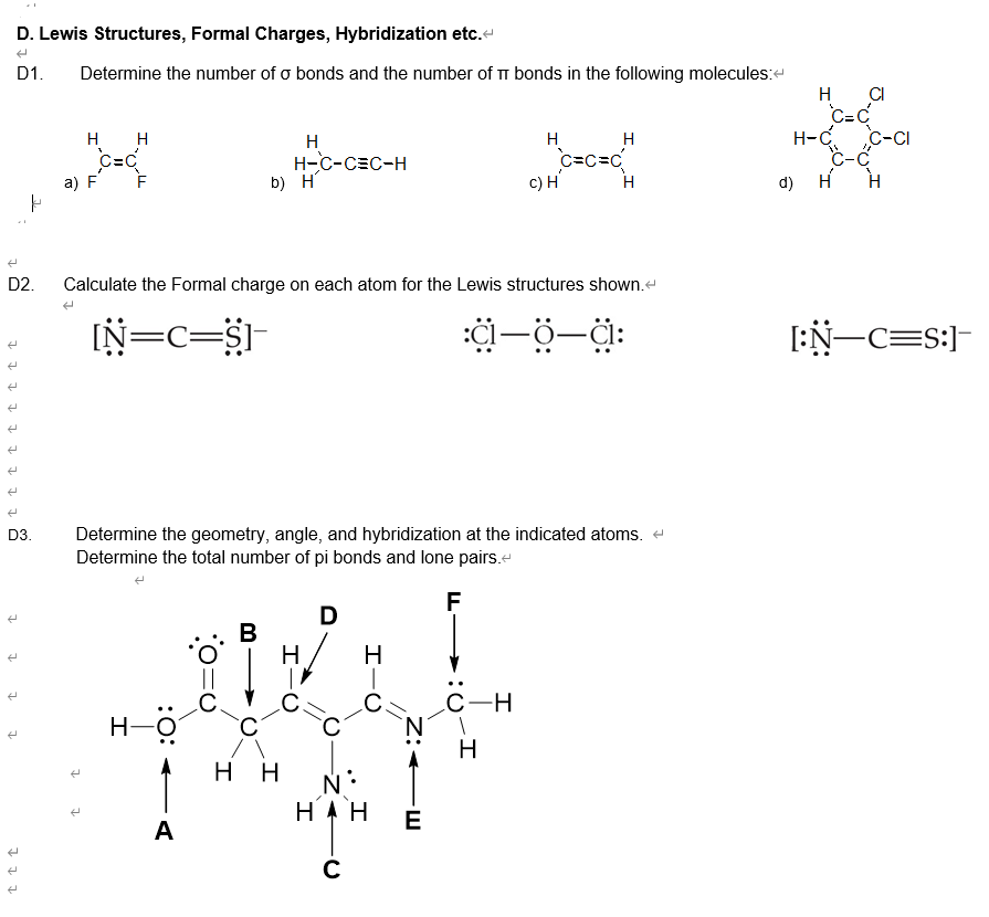 Solved D1. Н. D. Lewis Structures, Formal Charges, | Chegg.com