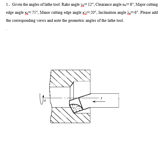 1. Given the angles of lathe tool Rake angle ye=12∘,
