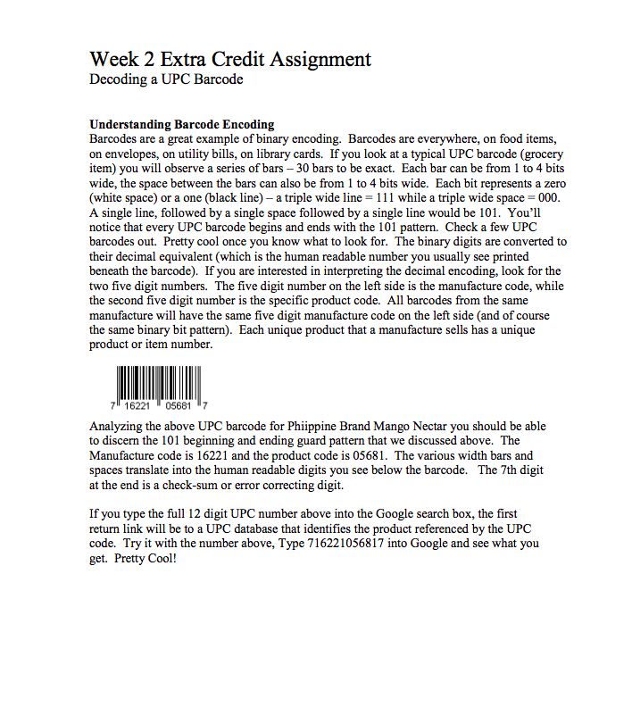 Solved Week 2 Extra Credit Assignment Decoding a UPC Barcode | Chegg.com