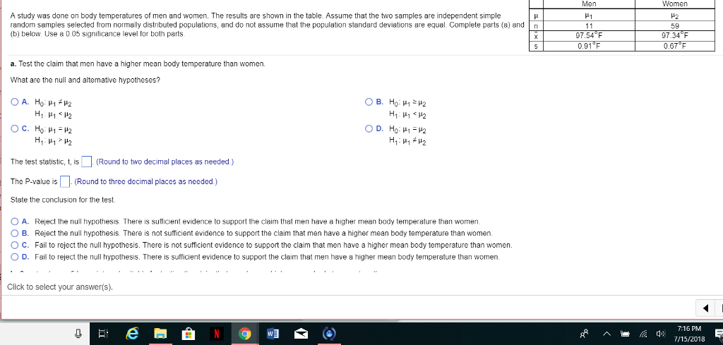 Solved A study was done on body temperatures of men and | Chegg.com