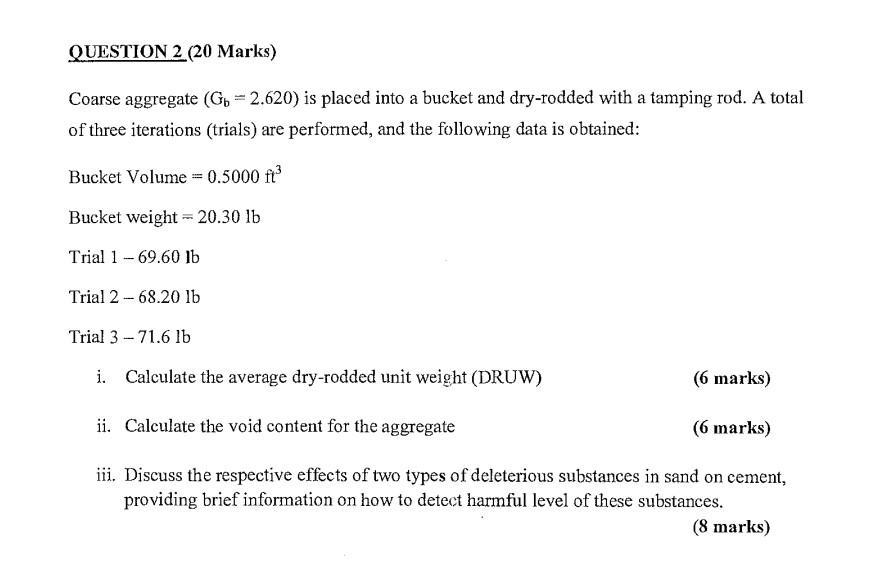Solved QUESTION 2 (20 Marks) Coarse aggregate (Gb 2.620)