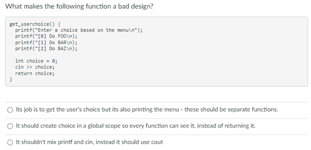 Solved What makes the following function a bad design? | Chegg.com