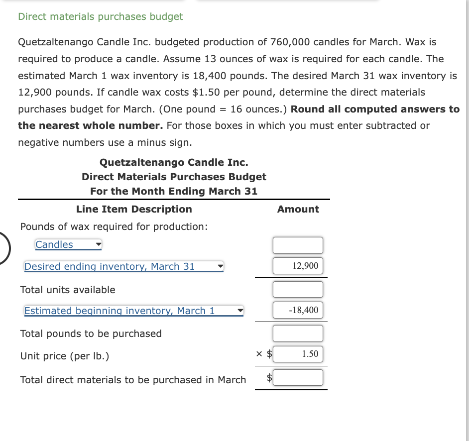 Solved Direct materials purchases budget Quetzaltenango | Chegg.com