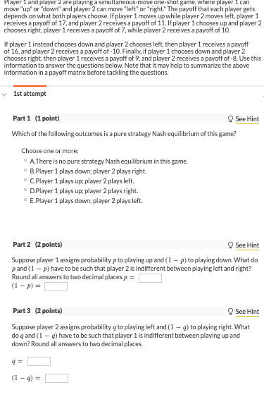Solved Player 1 and player 2 are playing a simultaneous-move | Chegg.com