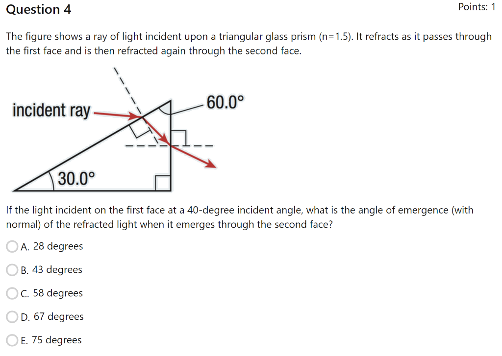 Solved Question 4 Points: 1 The figure shows a ray of light | Chegg.com