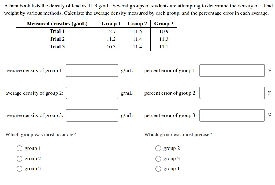 Solved A handbook lists the density of lead as 11.3 g/mL.