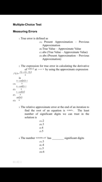 Solved Multiple-Choice Test Measuring Errors I. True error | Chegg.com
