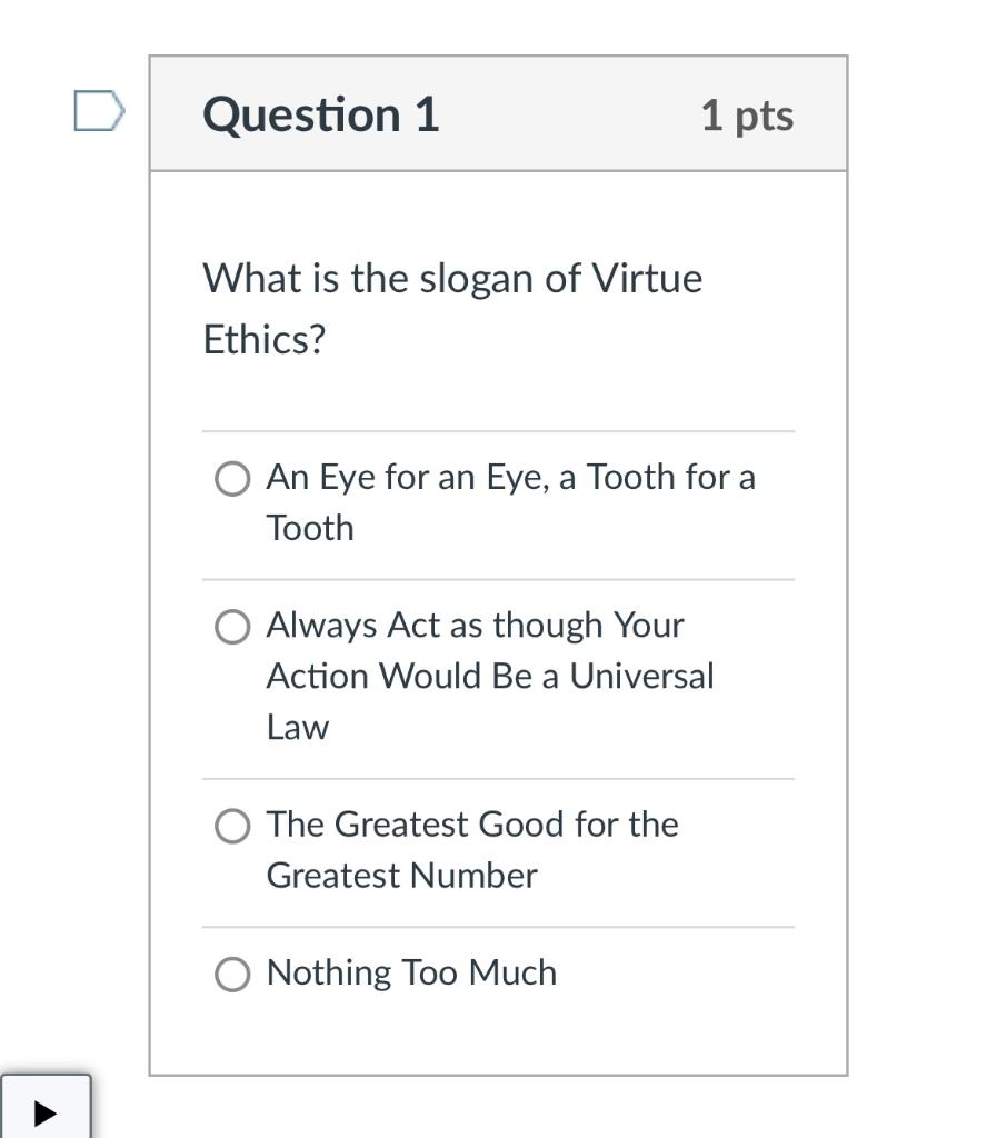 Solved What is the slogan of Virtue Ethics? An Eye for an | Chegg.com