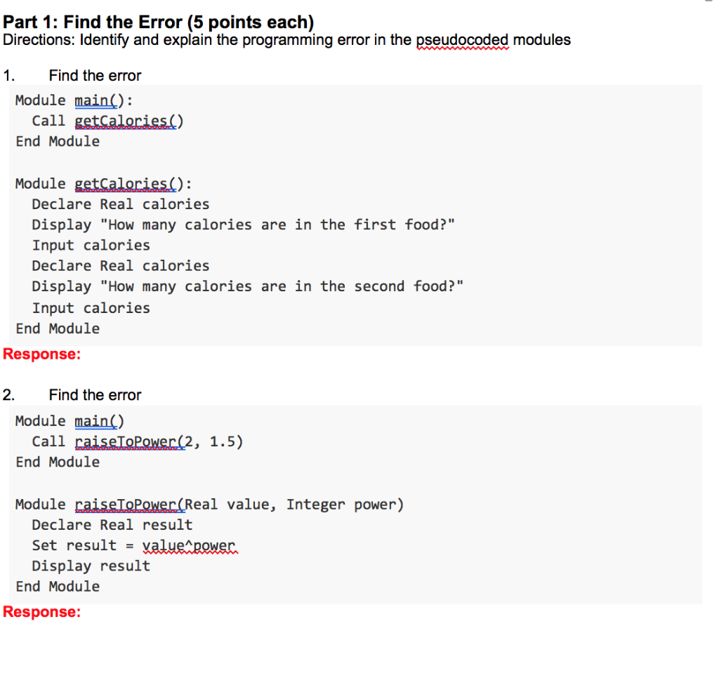 Solved Part 1: Find the Error (5 points each) Directions: | Chegg.com