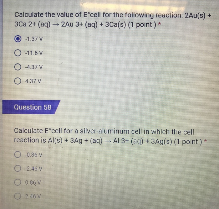 Solved Calculate the value of E cell for the following