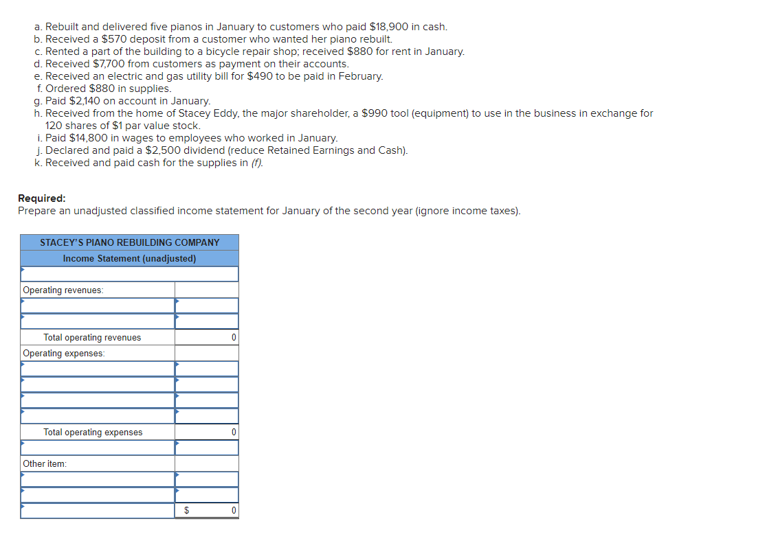 Solved Stacey's Piano Rebuilding Company has been operating | Chegg.com