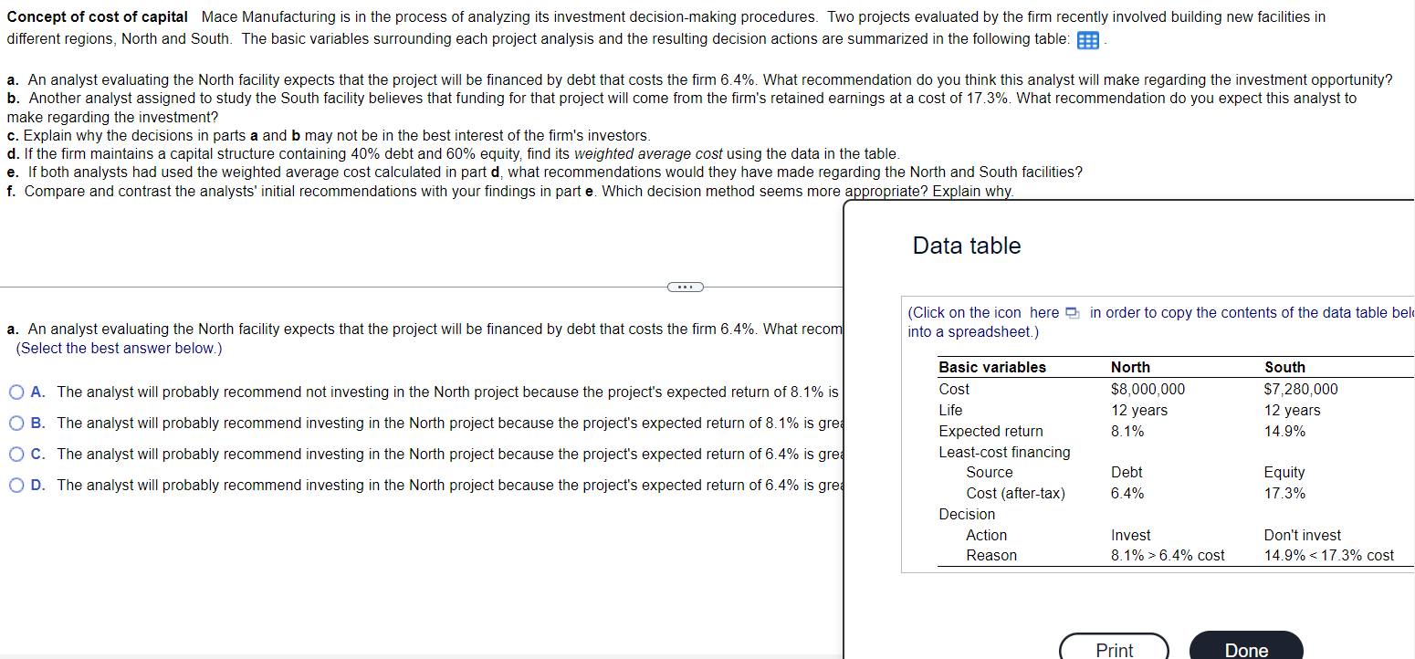 Concept of cost of capital Mace Manufacturing is in
