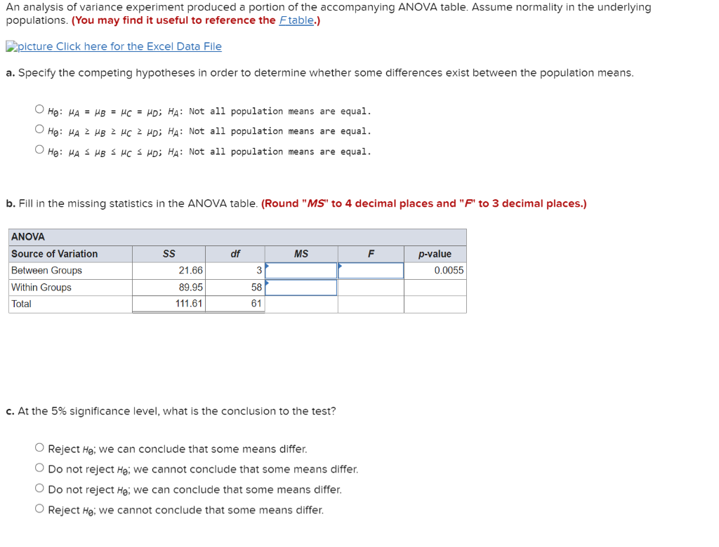 Solved An Analysis Of Variance Experiment Produced A Portion | Chegg.com