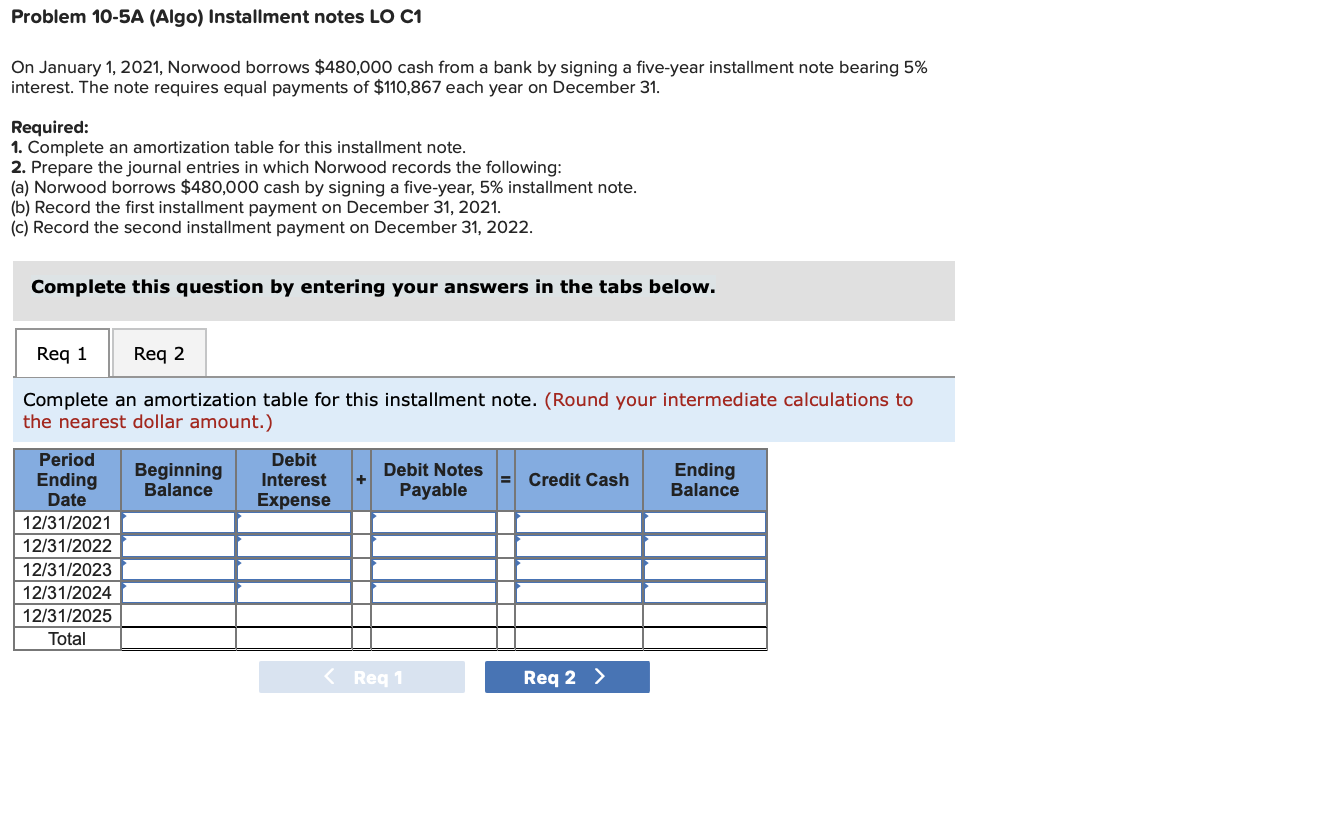 Solved Problem 10-5A (Algo) Installment Notes LO C1 On | Chegg.com