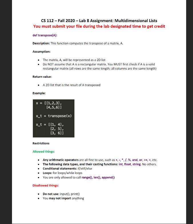 Solved CS 112 - Fall 2020 - Lab 8 Assignment: | Chegg.com