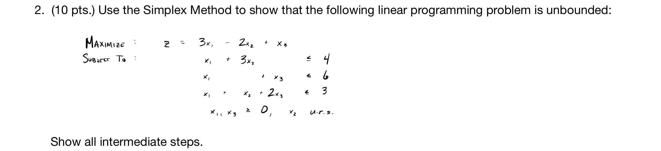 Solved 2. (10 pts. Use the Simplex Method to show that the | Chegg.com