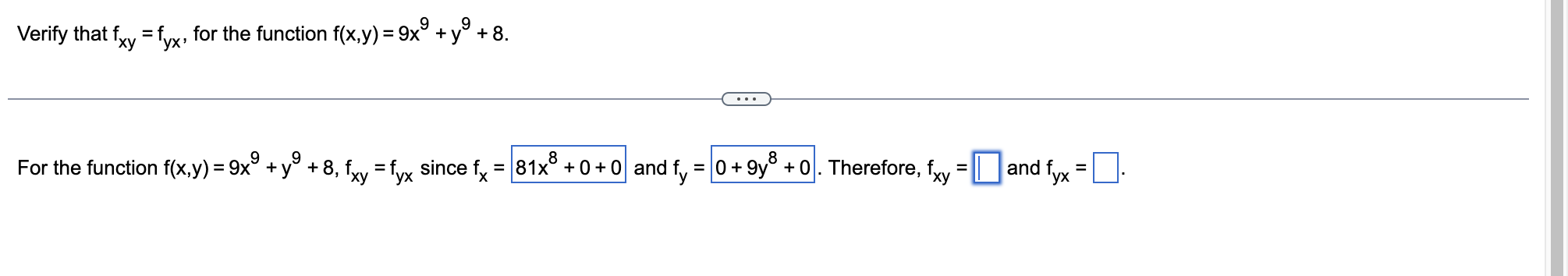 Solved Verify That Fxy Fyx For The Function F X Y 9x9 Y9 8