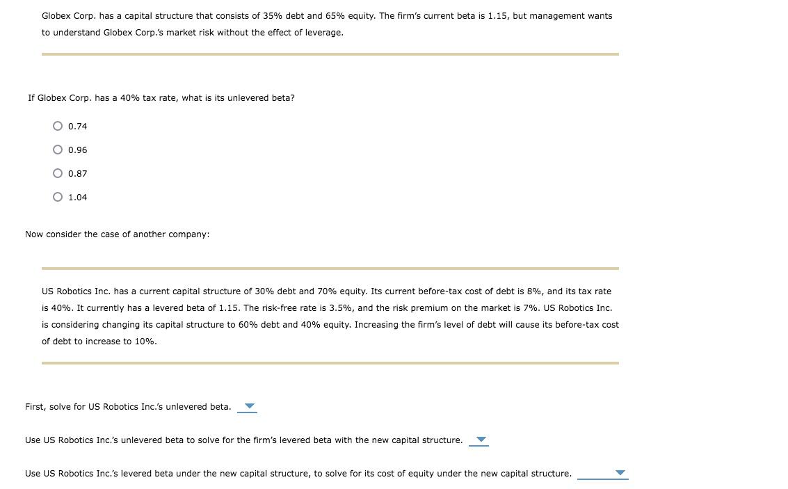 Solved Globex Corp. has a capital structure that consists of