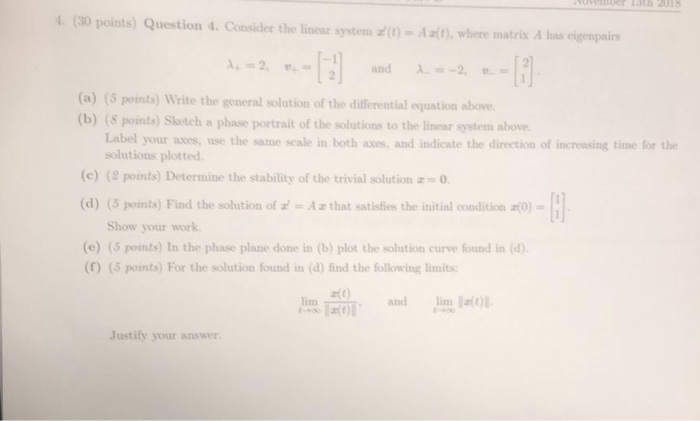 Solved 4 (30 points) Question 4. Consider the linear sytm | Chegg.com