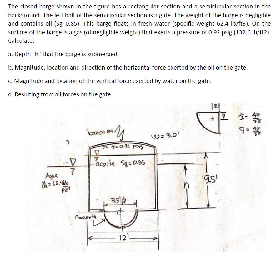Solved The closed barge shown in the figure has a | Chegg.com