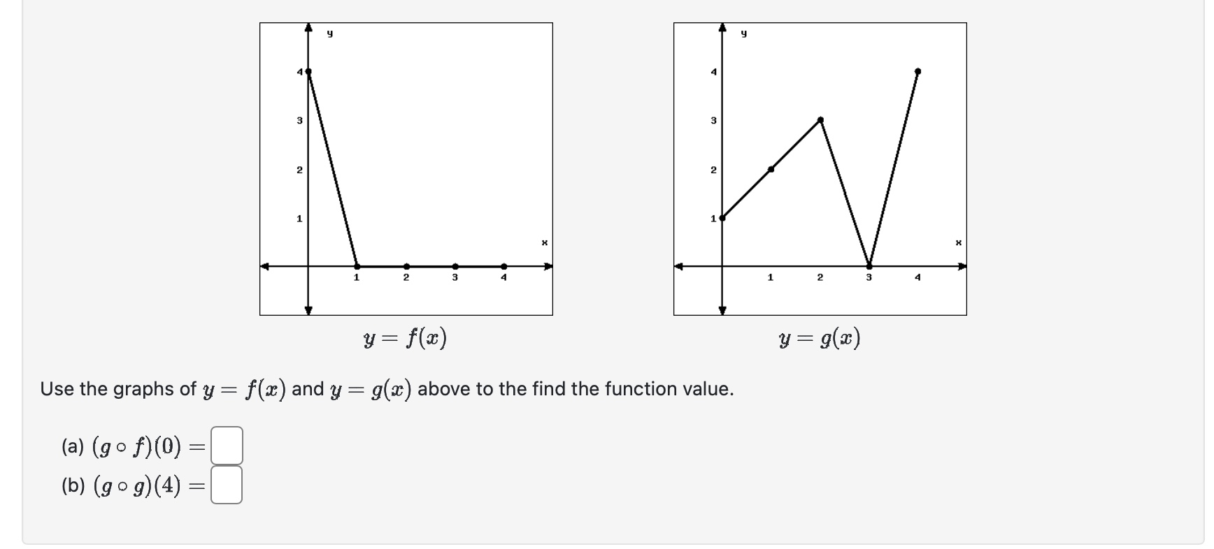 \[ y=f(x) \quad y=g(x) \] Use the graphs of \( y=f(x) \) and \( y=g(x) \) above to the find the function value. (a) \( (g \c