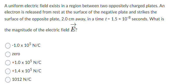 A uniform electric field exists in a region between two oppositely charged plates. An electron is released from rest at the s