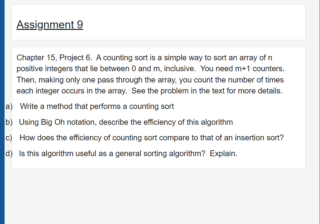 Solved Assignment 9 Chapter 15, Project 6. A counting sort | Chegg.com