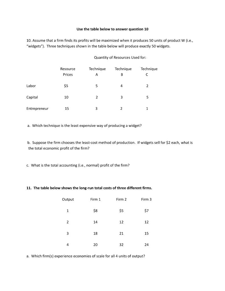 Solved Use the table below to answer question 10 10. Assume | Chegg.com