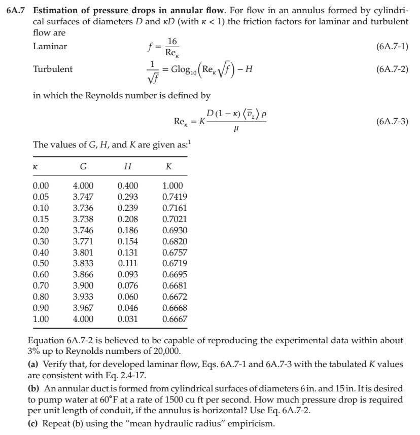 Solved 6A.7 Estimation of pressure drops in annular flow. | Chegg.com