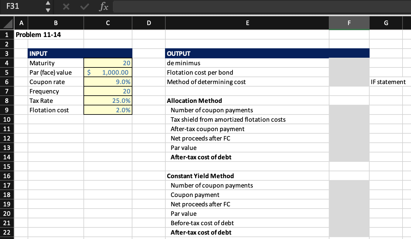 Need Help Filling in Grey area in Excel formQuestion: | Chegg.com