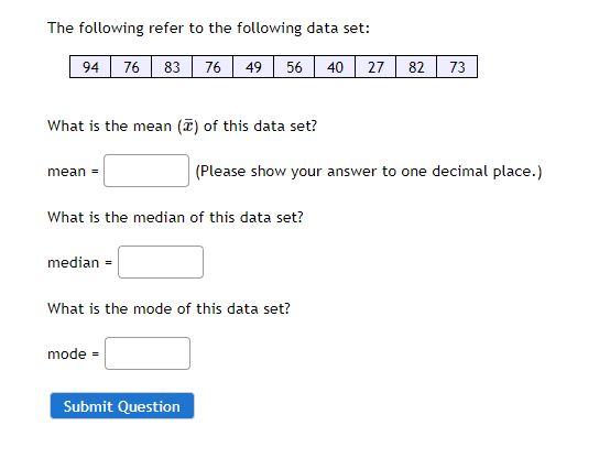 Solved The following refer to the following data set: 94 76 | Chegg.com