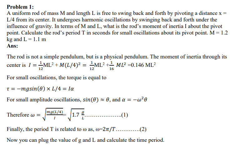 Solved Problem 1 A Uniform Rod Of Mass M And Length L Is