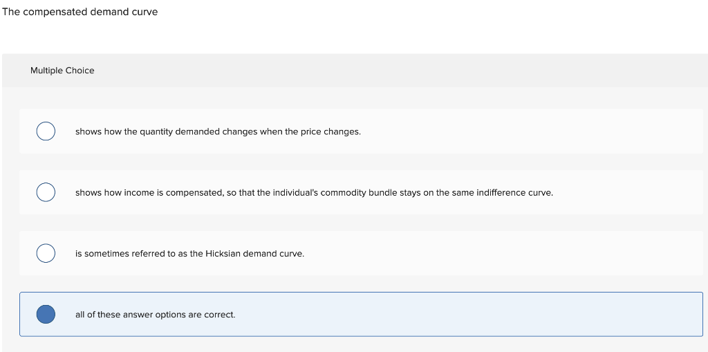 Solved The compensated demand curve Multiple Choice shows | Chegg.com