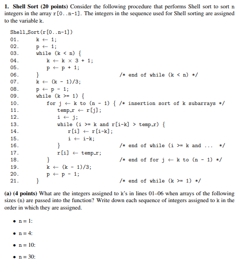Solved 1. Shell Sort 20 points) Consider the following | Chegg.com