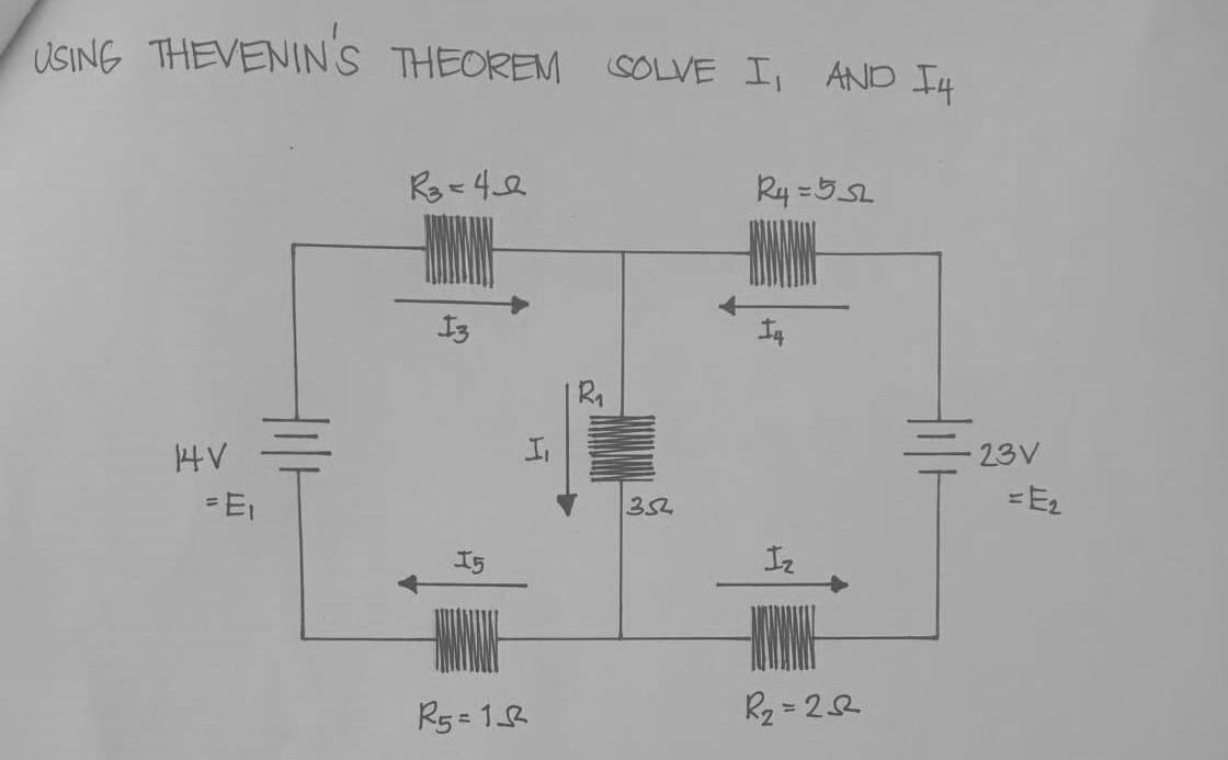 USING THEVENINS THEOREM SOLVE I, AND I4 R₂ = 40 Ry=552 13 Iq R1 I I 23V HV = El 32 = E2 15 Iz R5=18 R₂=22