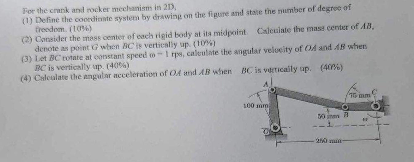 Solved For the crank and rocker mechanism in 2D,(1) ﻿Define