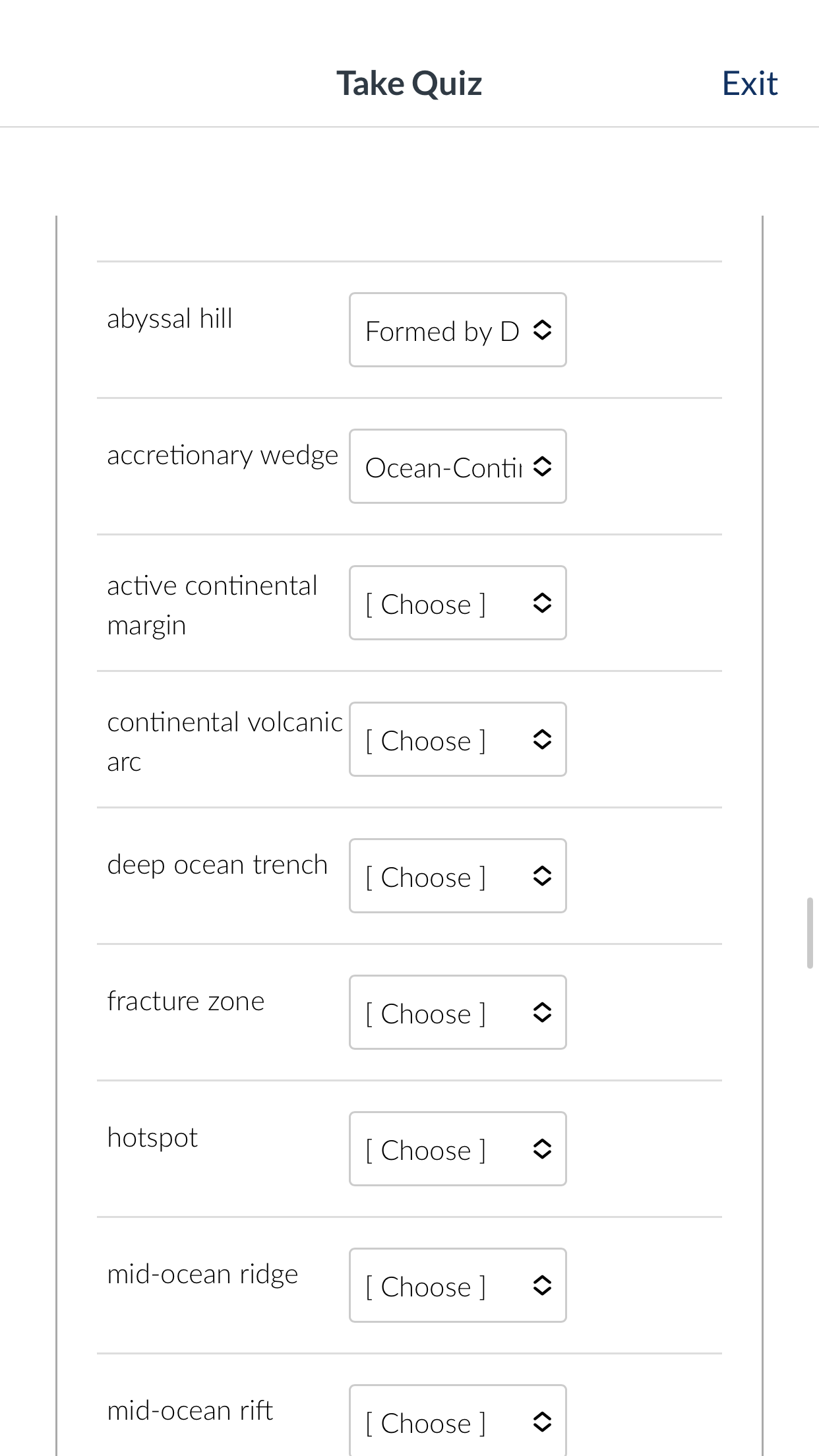 accretionary wedge
active continental margin
continental volcanic \( \operatorname{arc} \)
deep ocean trench
fracture zone
ho