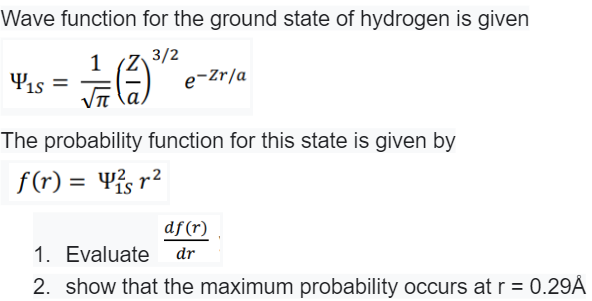 Solved Wave function for the ground state of hydrogen is | Chegg.com