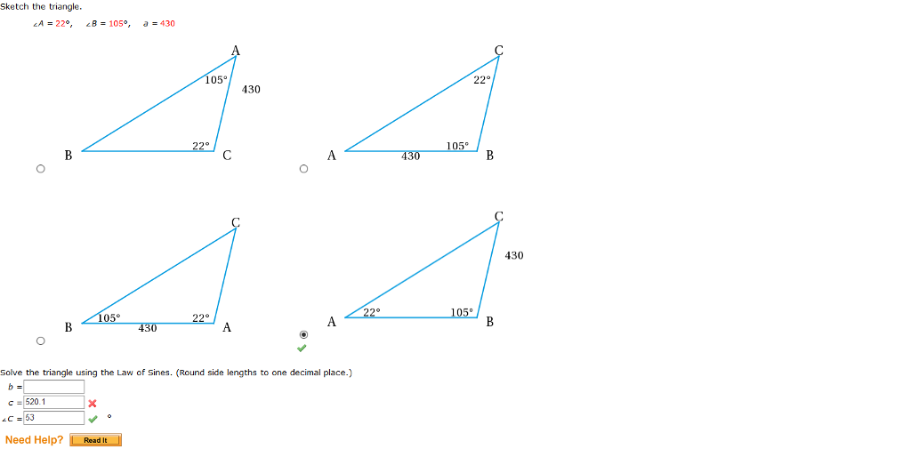 Solved Sketch the triangle. ?A = 22°, ?B = 105°, a | Chegg.com